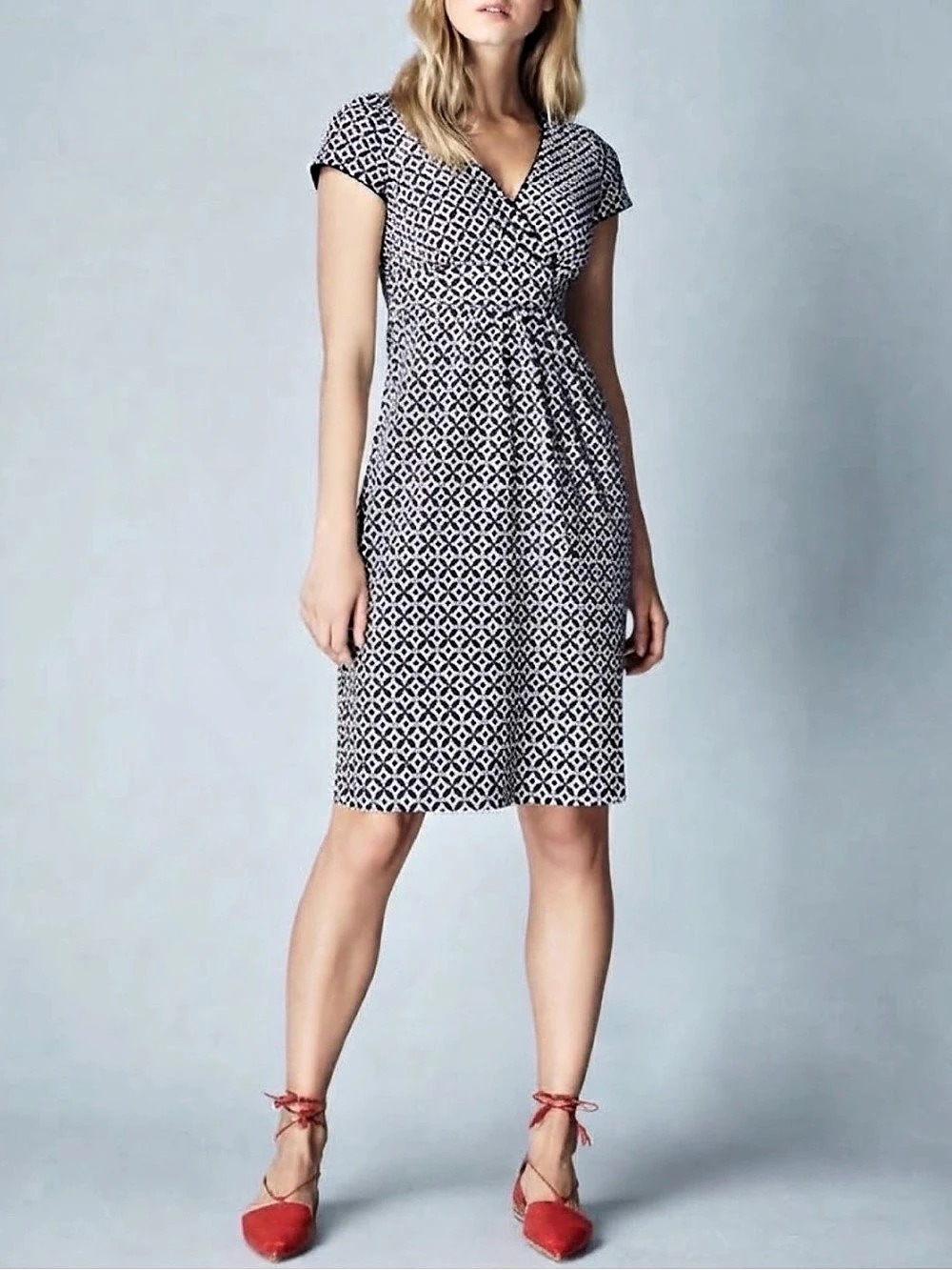 Boden Jenny Faux Wrap Navy White Geometric Jersey Day Dress Sz 10